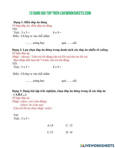13 Dạng bài tập tương tác trên Liveworksheets.com